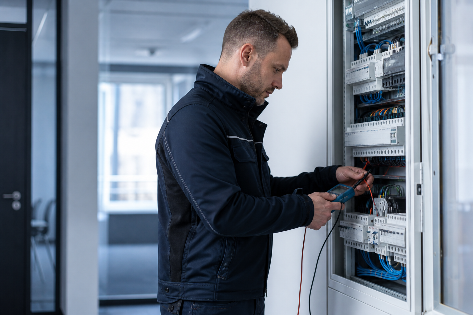 Elektrofachkraft bei der Prüfung einer betrieblichen Verteilung